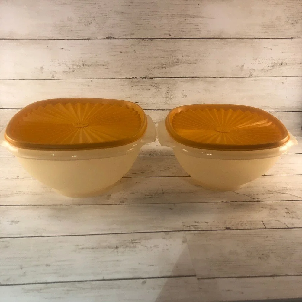Vintage Tupperware Servalier Bowls Set of 2 Sheer Cream Mustard Yellow Sunburst